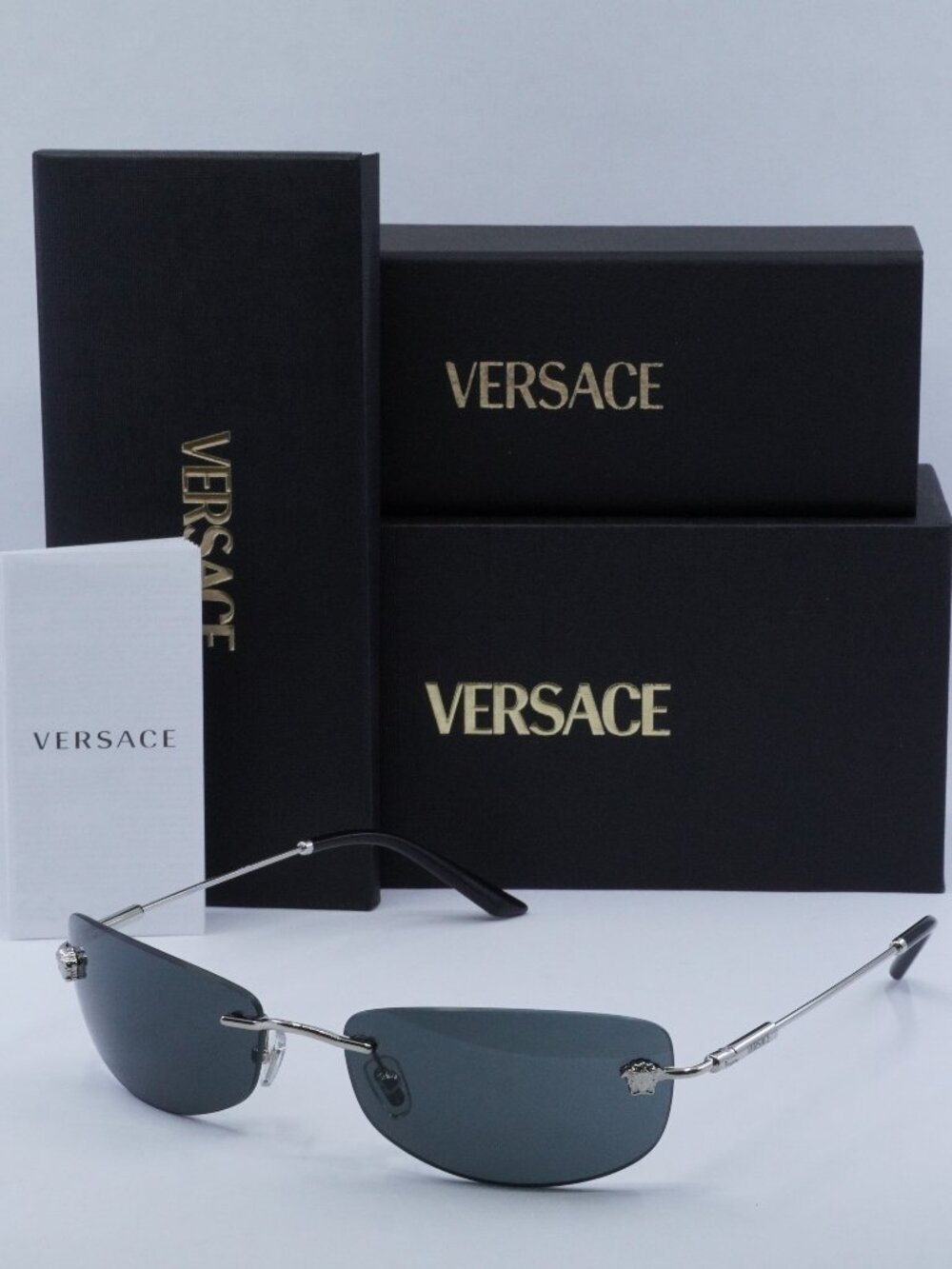 Versace VE2279 100087 Rectangle Sunglasses – Silver / Dark Grey